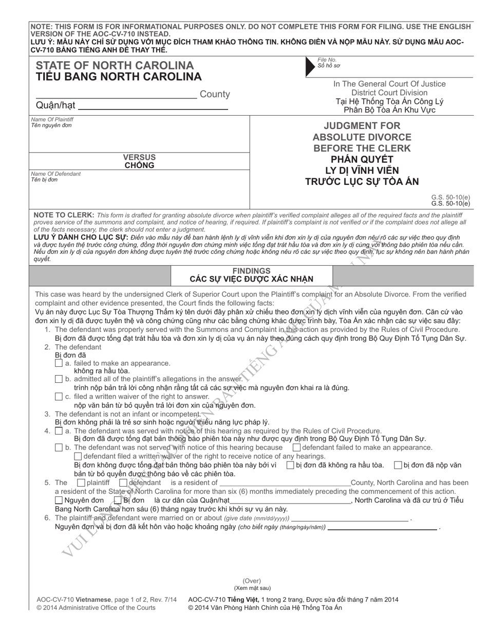Form AOC-CV-710 VIETNAMESE Judgment for Absolute Divorce Before the Clerk - North Carolina (English / Vietnamese), Page 1