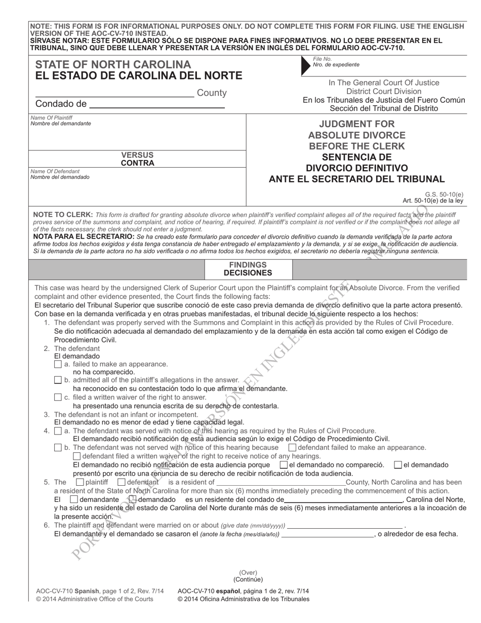 Form AOC-CV-710 Judgment for Absolute Divorce Before the Clerk - North Carolina (English / Spanish), Page 1