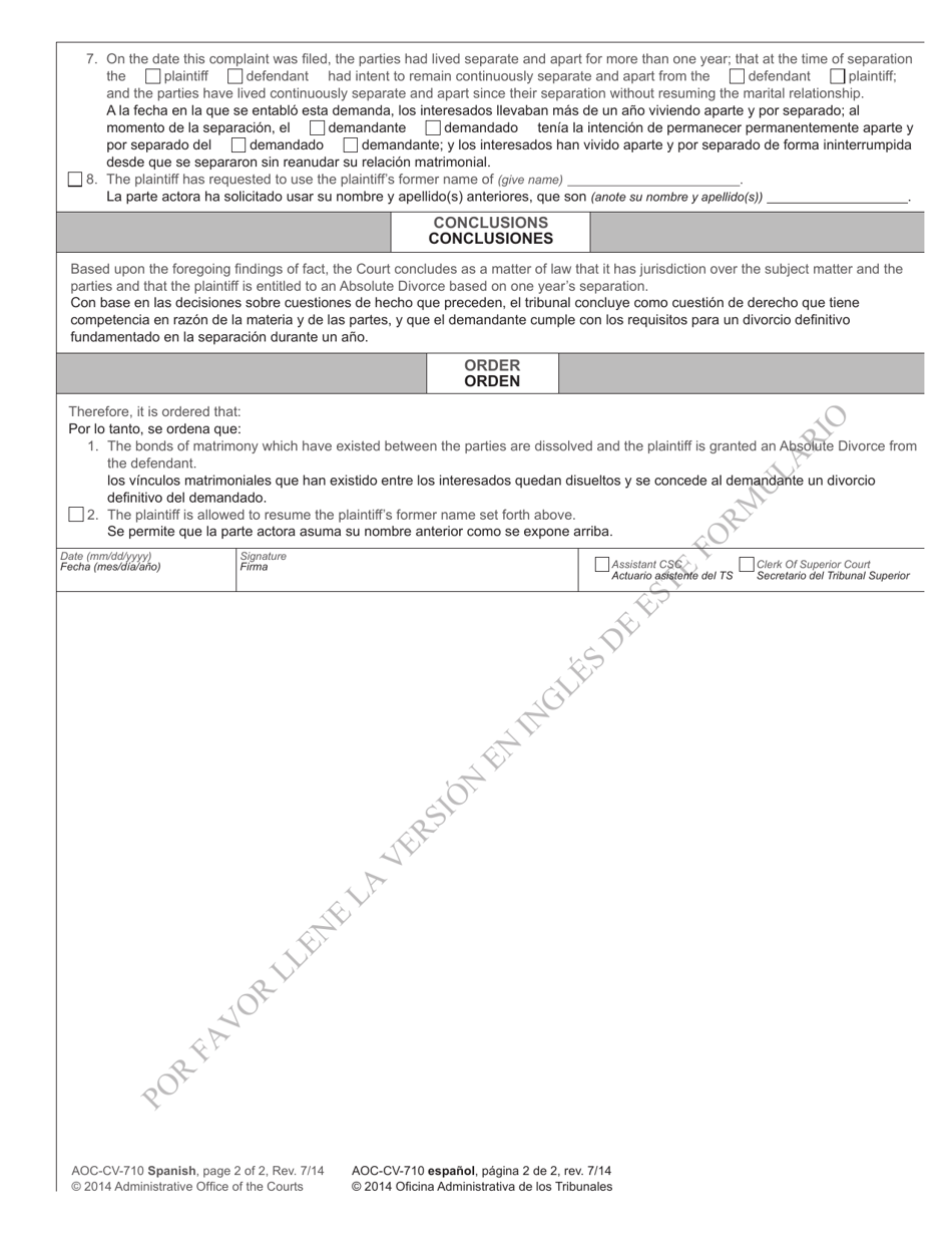 Form AOC-CV-710 Judgment for Absolute Divorce Before the Clerk - North Carolina (English / Spanish), Page 2