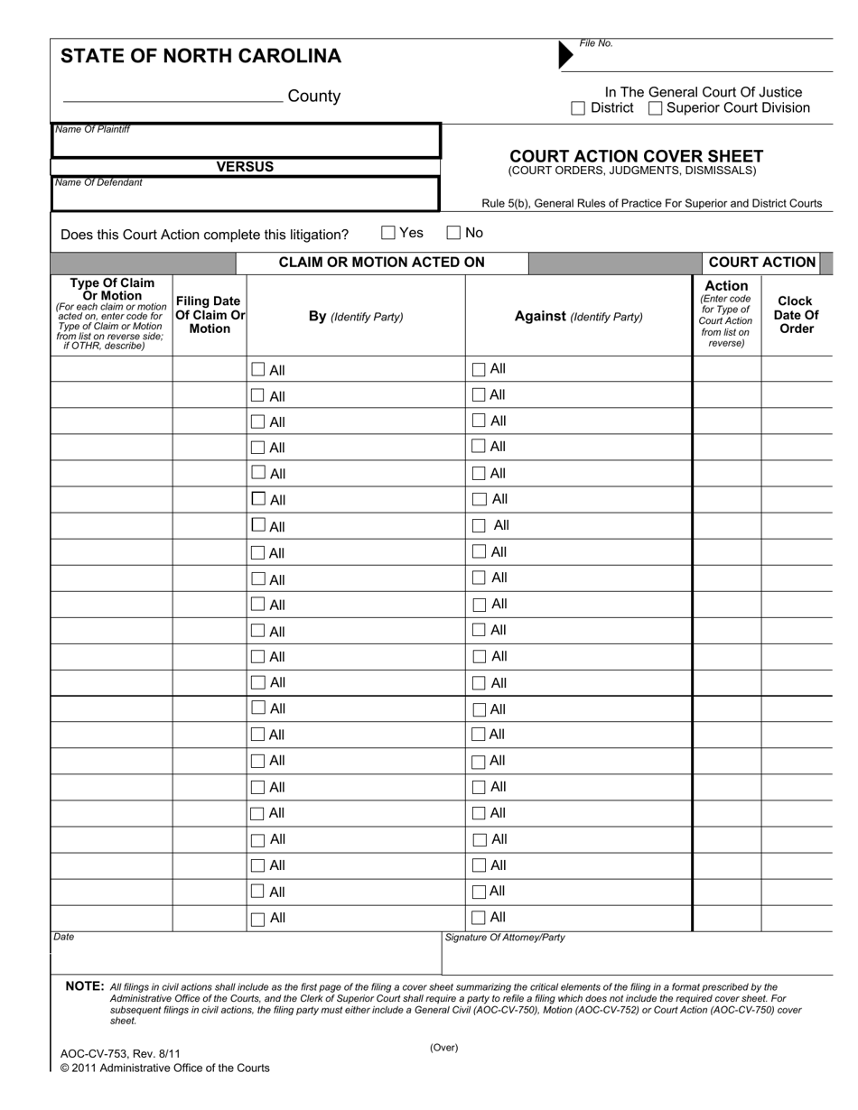 Form AOC-CV-753 Court Action Cover Sheet (Court Orders, Judgments, Dismissals) - North Carolina, Page 1