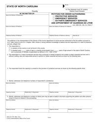 Document preview: Form AOC-CV-770 Petition for Order Authorizing Protective Services/Emergency Services/Ex Parte Emergency Services and Appointment of Guardian Ad Litem - North Carolina