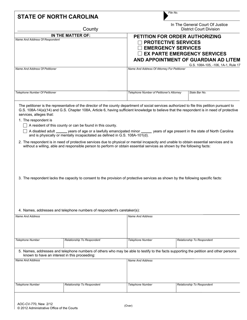 Form AOC-CV-770 Petition for Order Authorizing Protective Services / Emergency Services / Ex Parte Emergency Services and Appointment of Guardian Ad Litem - North Carolina, Page 1