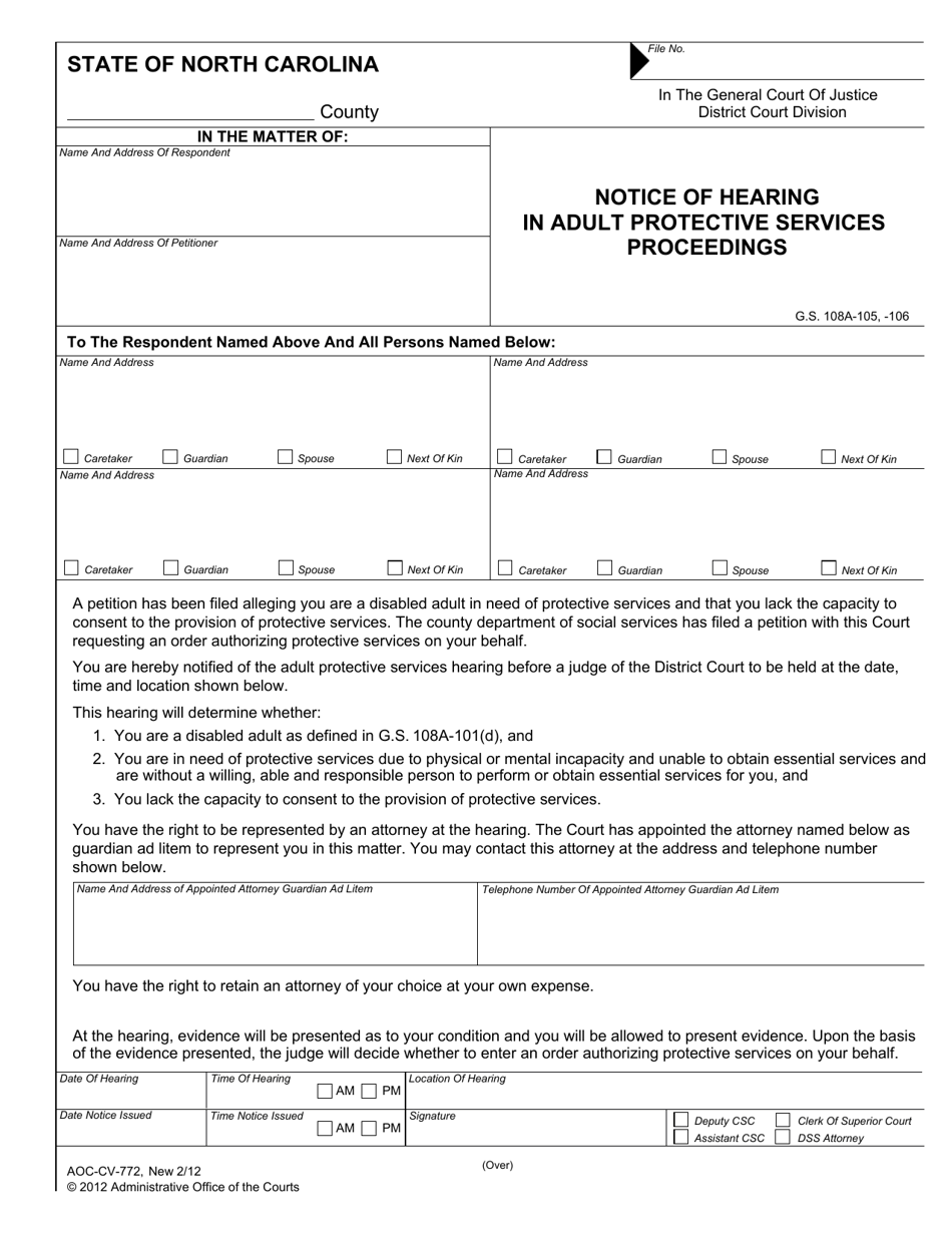 Form AOC-CV-772 Notice of Hearing in Adult Protective Services Proceedings - North Carolina, Page 1