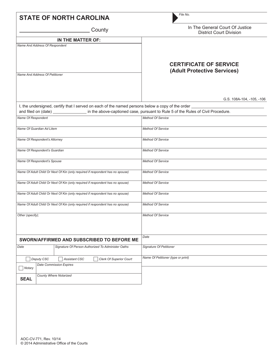 Form AOC-CV-771 Certificate of Service (Adult Protective Services) - North Carolina, Page 1
