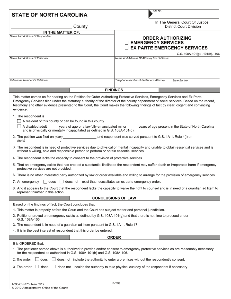 Form AOC-CV-775 Order Authorizing Emergency Services / Ex Parte Emergency Services - North Carolina, Page 1