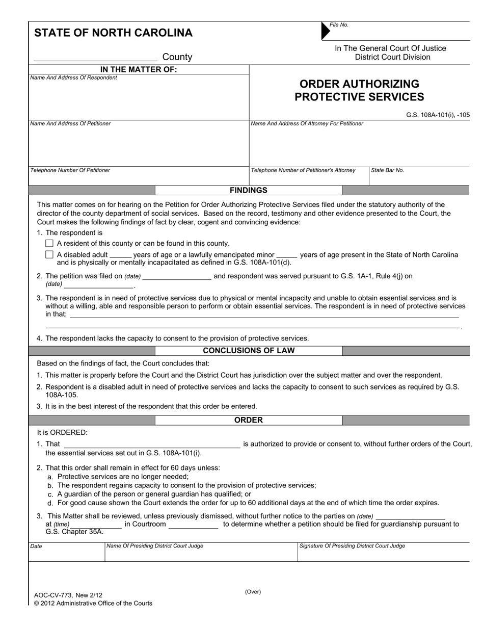 Form AOC-CV-773 Order Authorizing Protective Services - North Carolina, Page 1