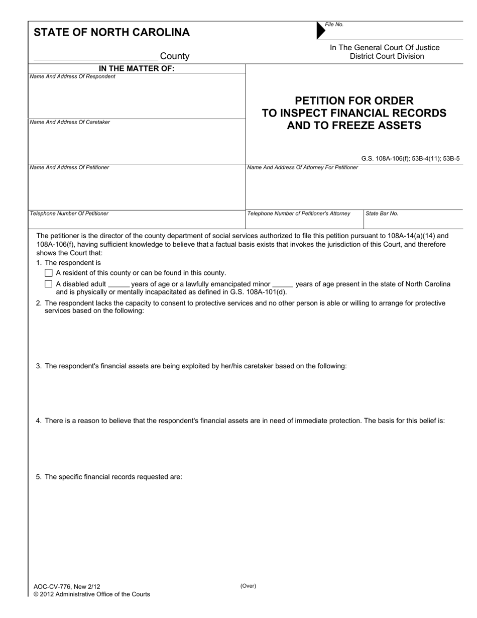 Form AOC-CV-776 Petition for Order to Inspect Financial Records and to Freeze Assets - North Carolina, Page 1