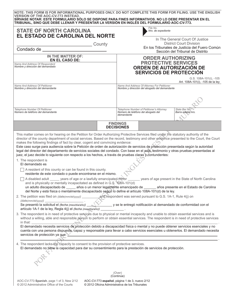 Form AOC-CV-773 SPANISH Order Authorizing Protective Services - North Carolina (English / Spanish), Page 1