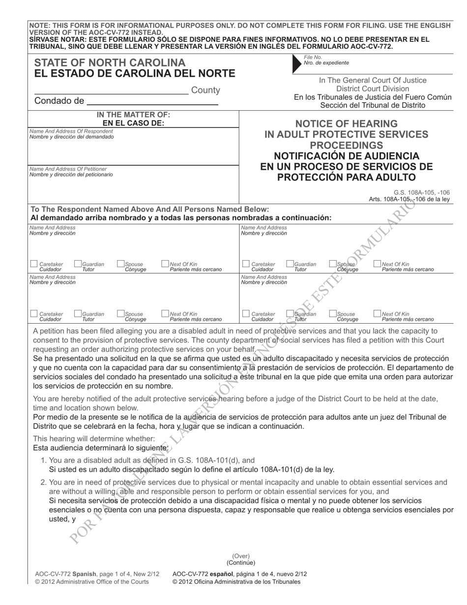 Form AOC-CV-772 SPANISH Notice of Hearing in Adult Protective Services Proceedings - North Carolina (English / Spanish), Page 1