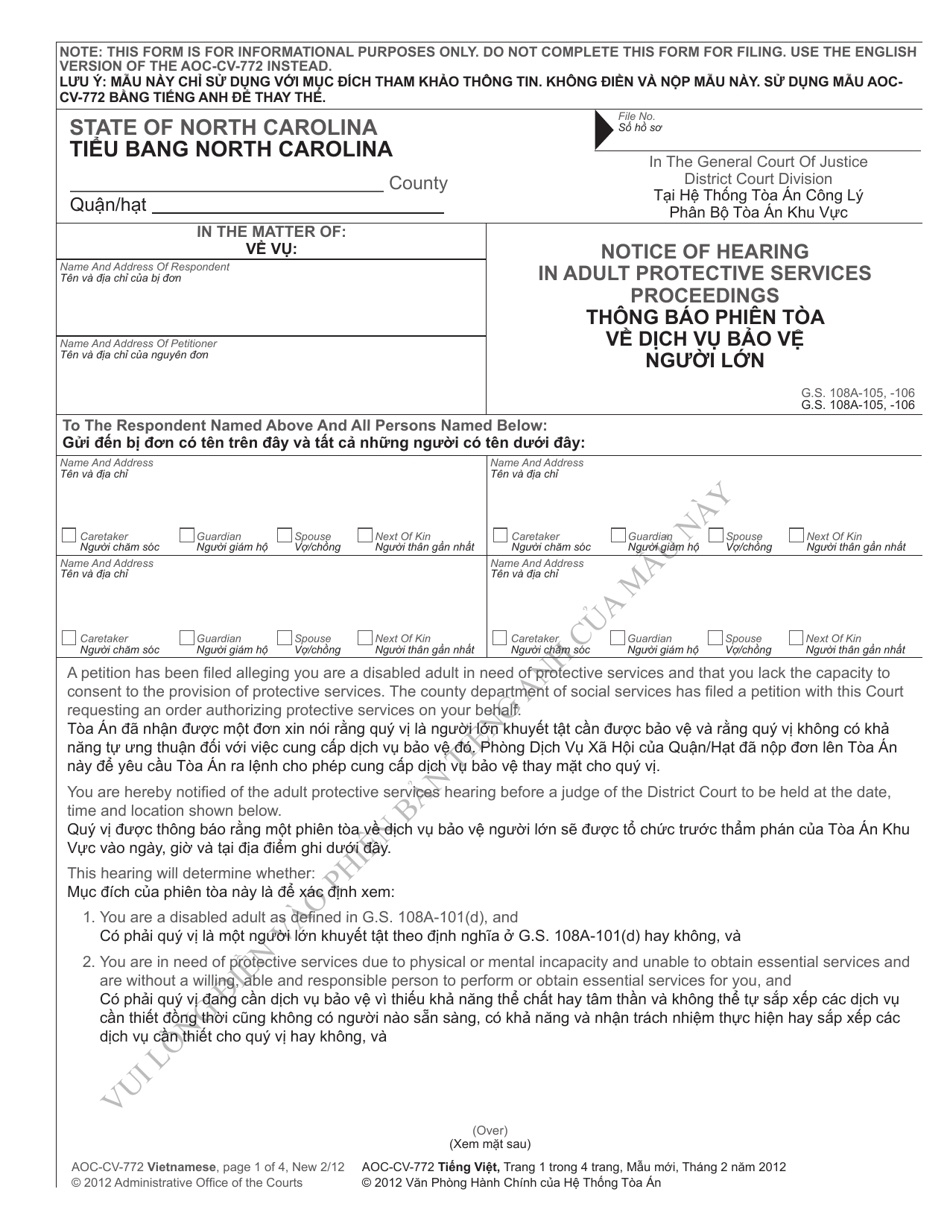 Form AOC-CV-722 VIETNAMESE Notice of Hearing in Adult Protective Services Proceedings - North Carolina (English / Vietnamese), Page 1
