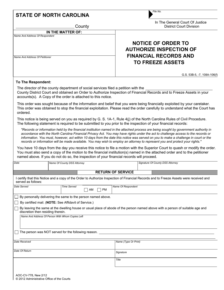 Form AOC-CV-778 Notice of Order to Authorize Inspection of Return of Service Financial Records and to Freeze Assets - North Carolina, Page 1