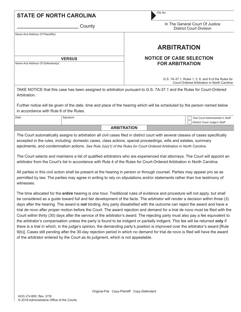 Form AOC-CV-800 Arbitration - Notice of Case Selection for Arbitration - North Carolina, Page 1