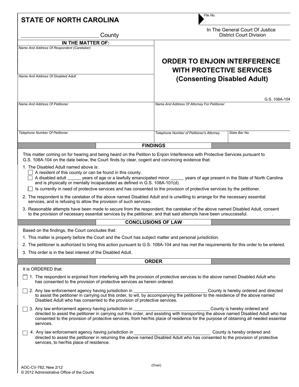 Form AOC-CV-782 Order to Enjoin Interference With Protective Services (Consenting Disabled Adult) - North Carolina, Page 1