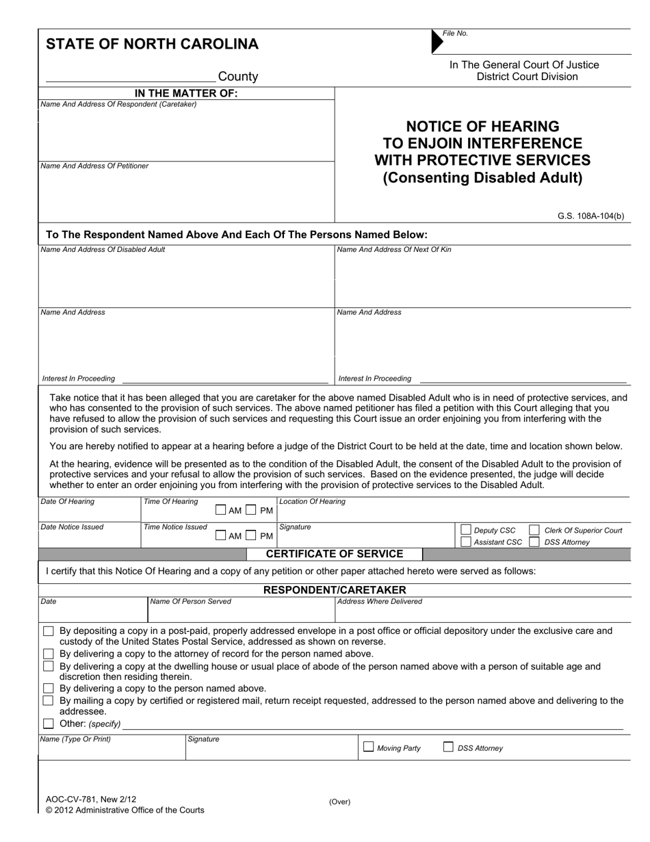 Form AOC-CV-781 Notice of Hearing to Enjoin Interference With Protective Services (Consenting Disabled Adult) - North Carolina, Page 1