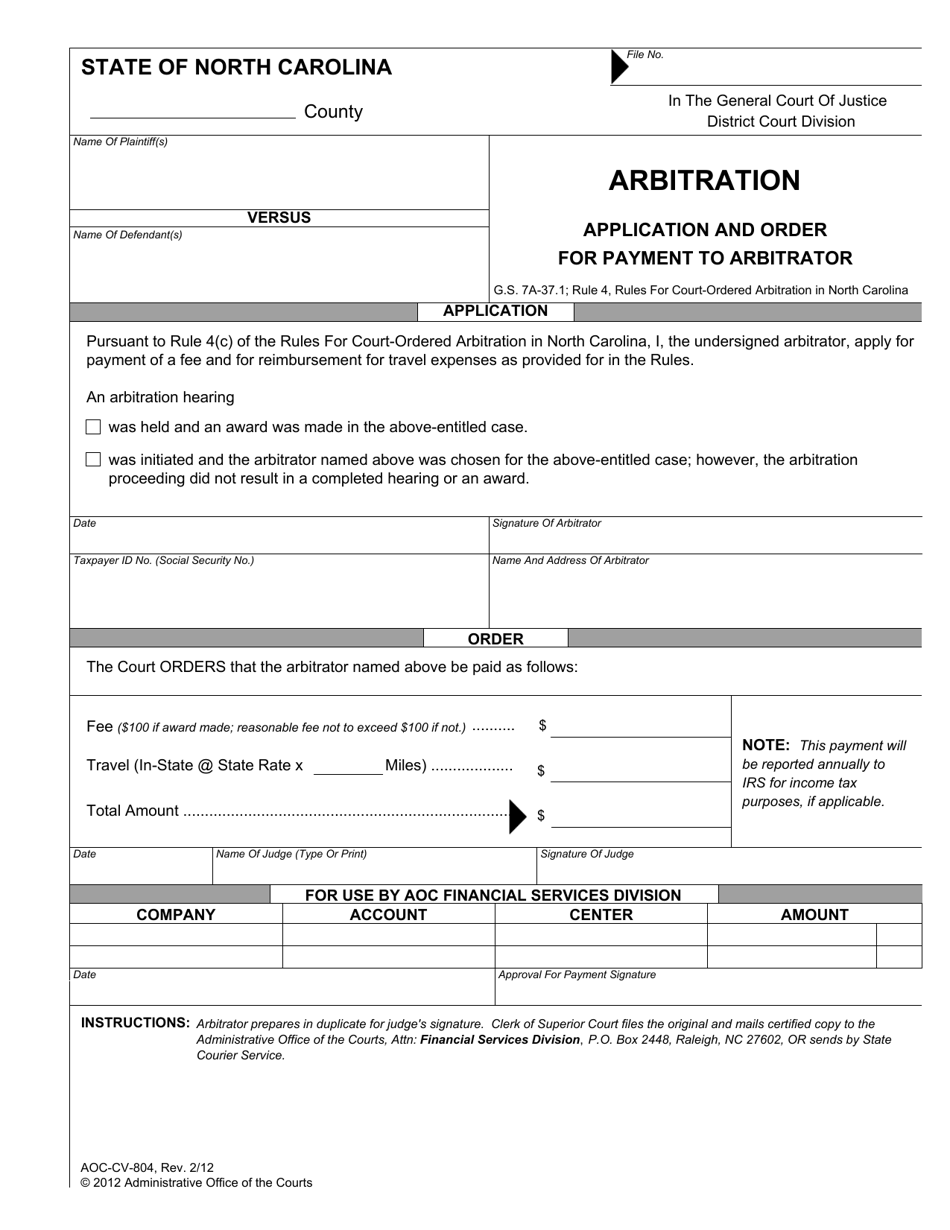 Form AOC-CV-804 Arbitration - Application and Order for Payment to Arbitrator - North Carolina, Page 1