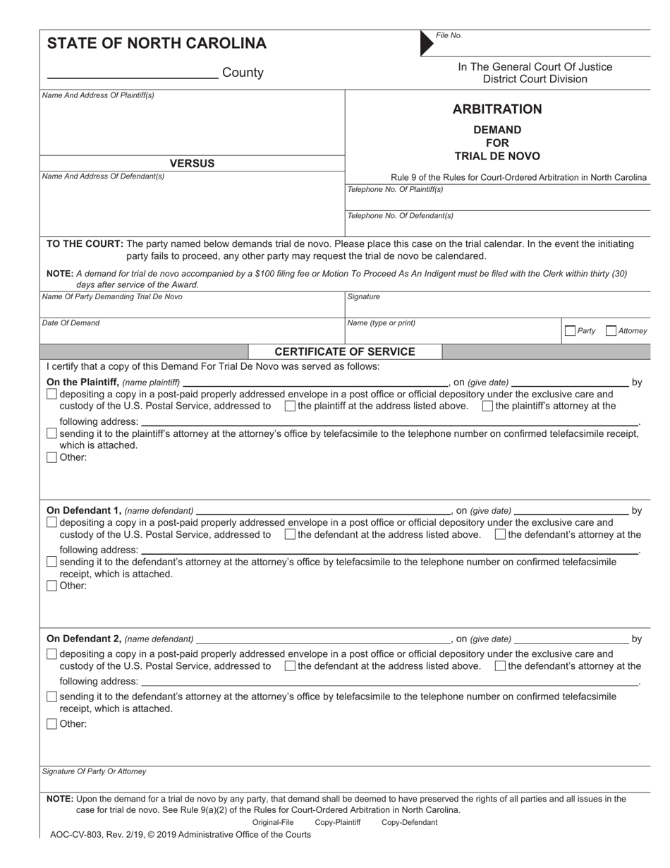 Form AOC-CV-803 Arbitration - Demand for Trial De Novo - North Carolina, Page 1