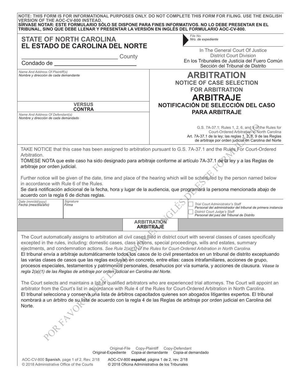 Form AOC-CV-800 Arbitration - Notice of Case Selection for Arbitration - North Carolina (English / Spanish), Page 1
