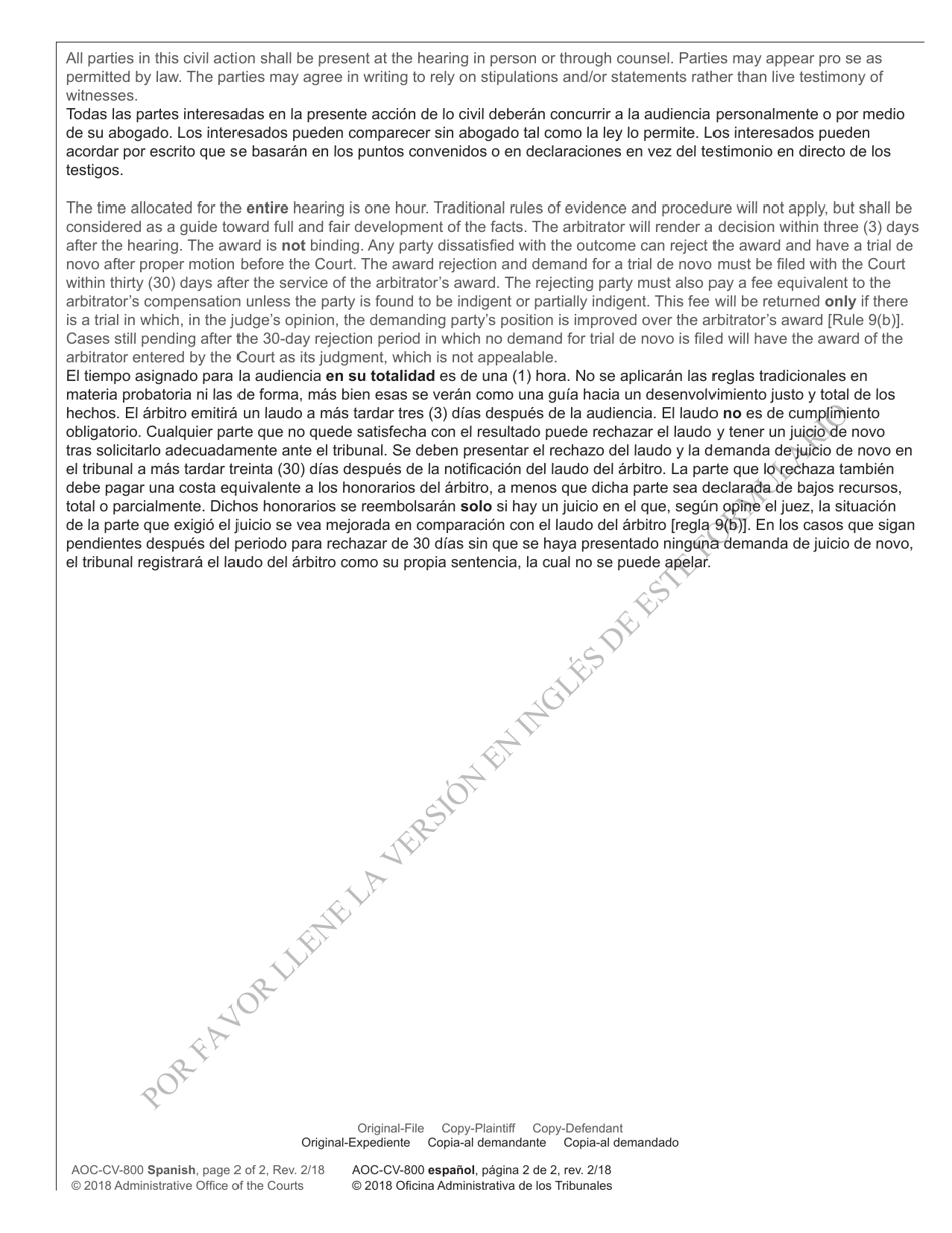 Form AOC-CV-800 Arbitration - Notice of Case Selection for Arbitration - North Carolina (English / Spanish), Page 2