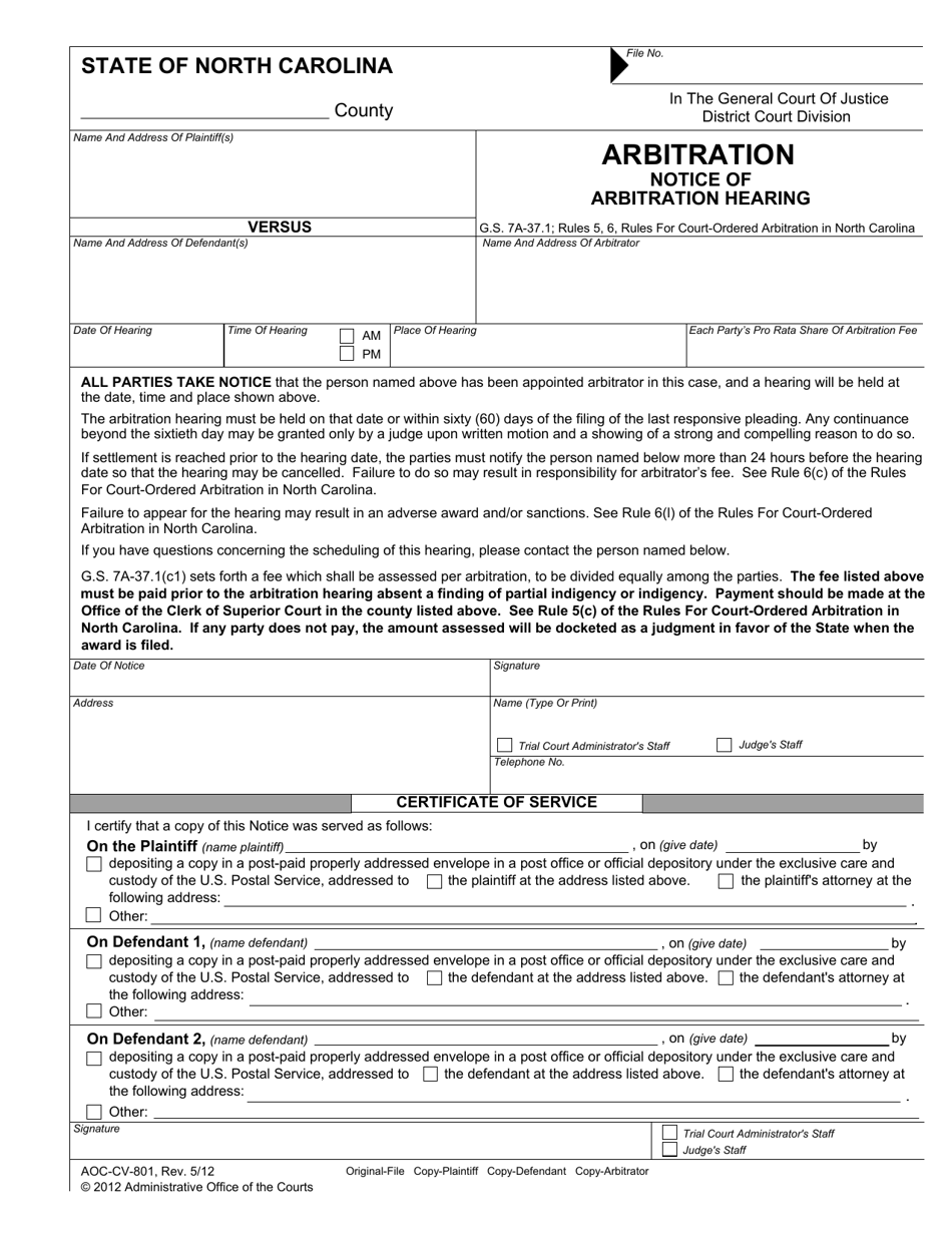 Form AOC-CV-801 Arbitration - Notice of Arbitration Hearing - North Carolina, Page 1