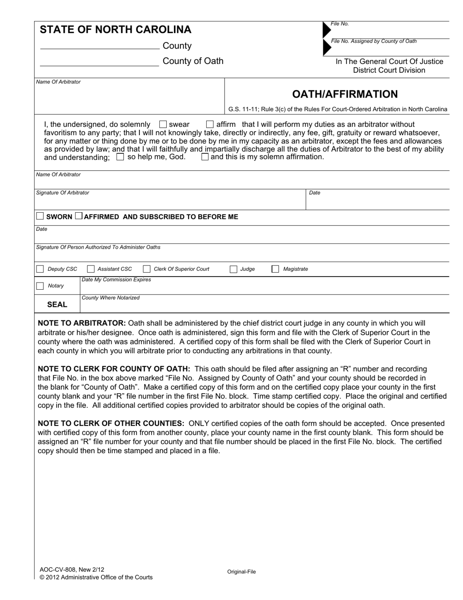 Form AOC-CV-808 Oath / Affirmation - North Carolina, Page 1