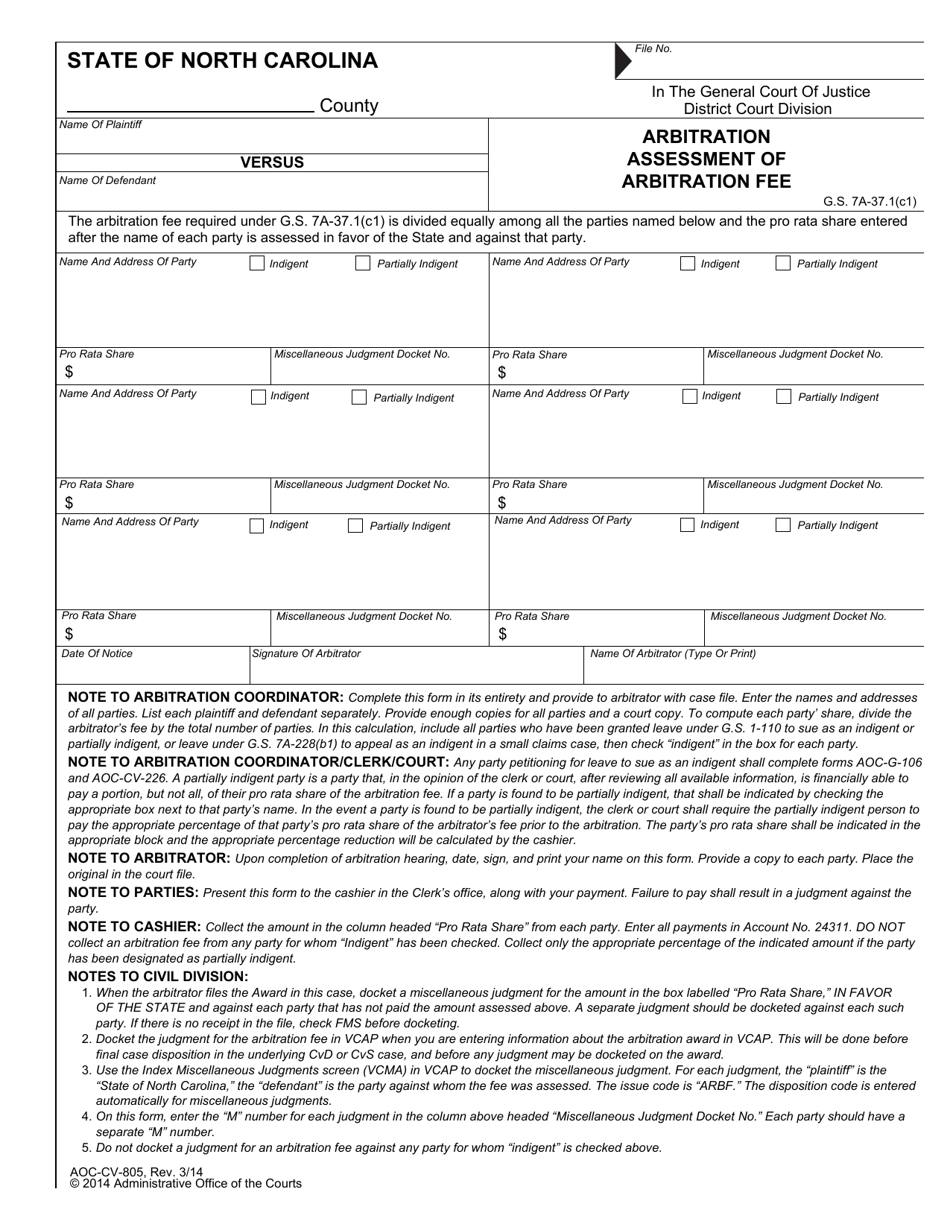 Form AOC-CV-805 Arbitration - Assessment of Arbitration Fee - North Carolina, Page 1