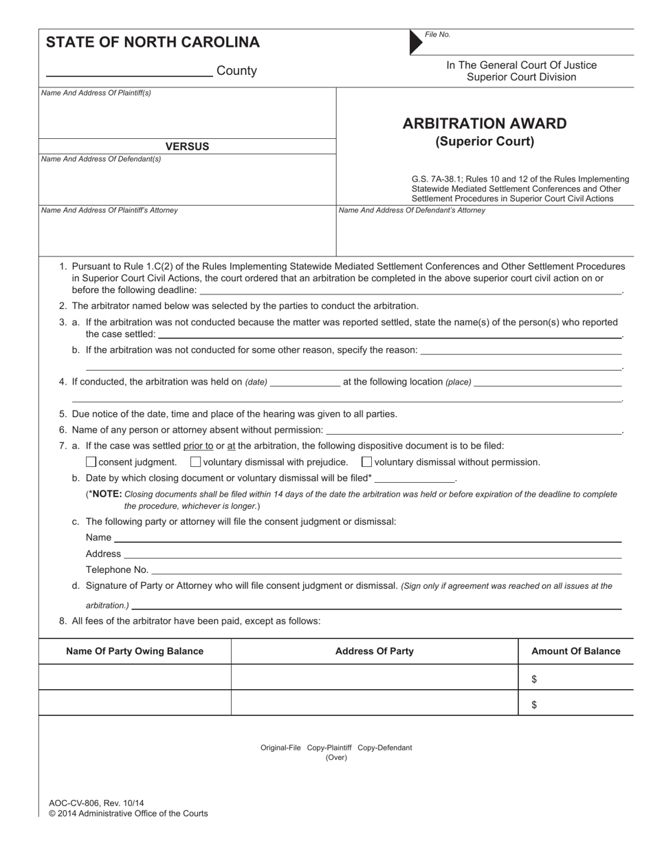 Form AOC-CV-806 Arbitration Award (Superior Court) - North Carolina, Page 1