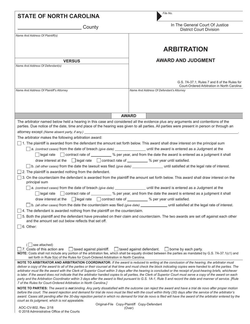Form AOC-CV-802 Arbitration - Award and Judgment - North Carolina, Page 1