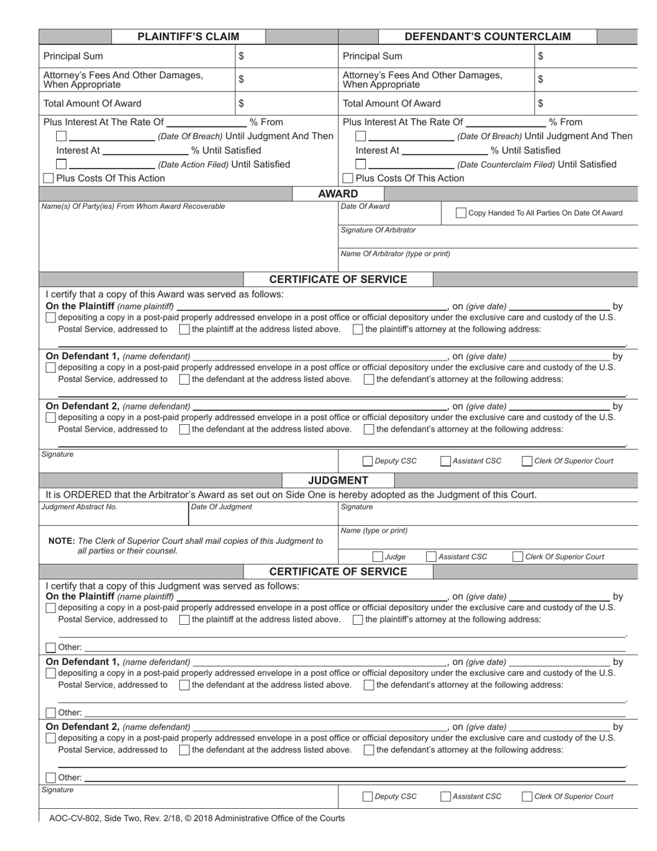 Form AOC-CV-802 Arbitration - Award and Judgment - North Carolina, Page 2