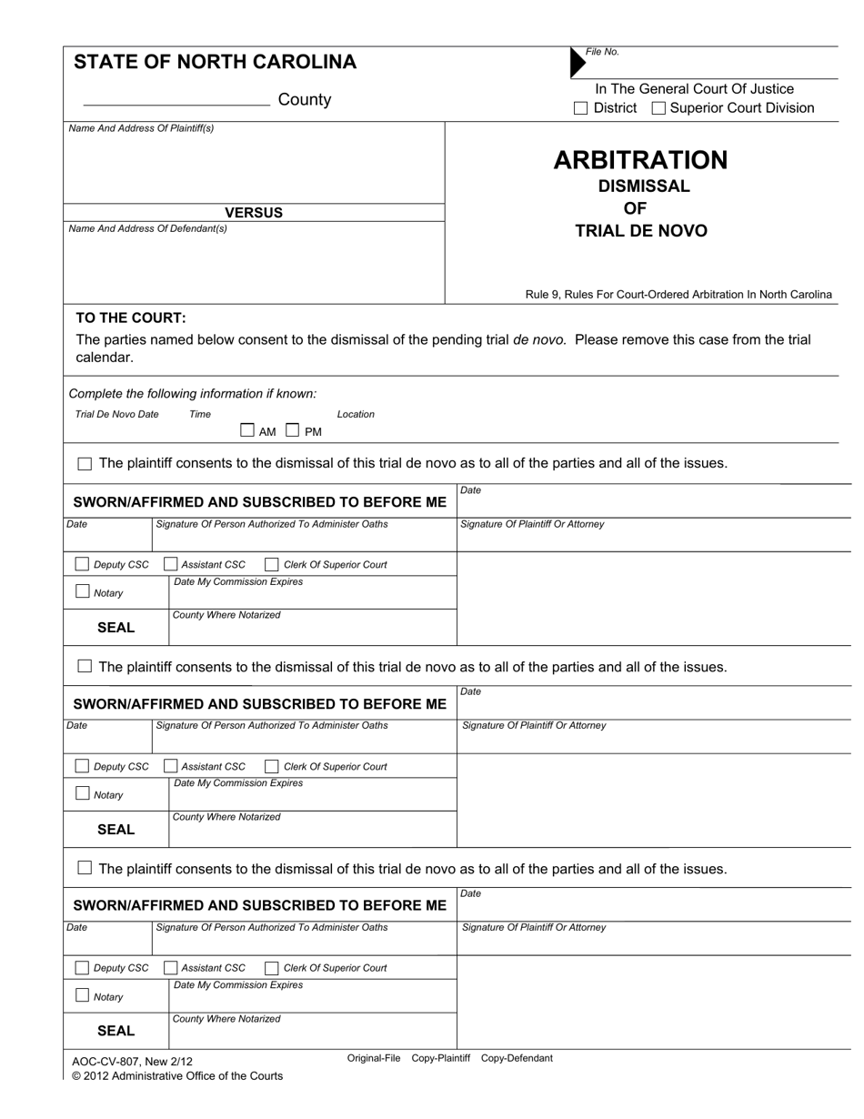 Form AOC-CV-807 Arbitration - Dismissal of Trial De Novo - North Carolina, Page 1
