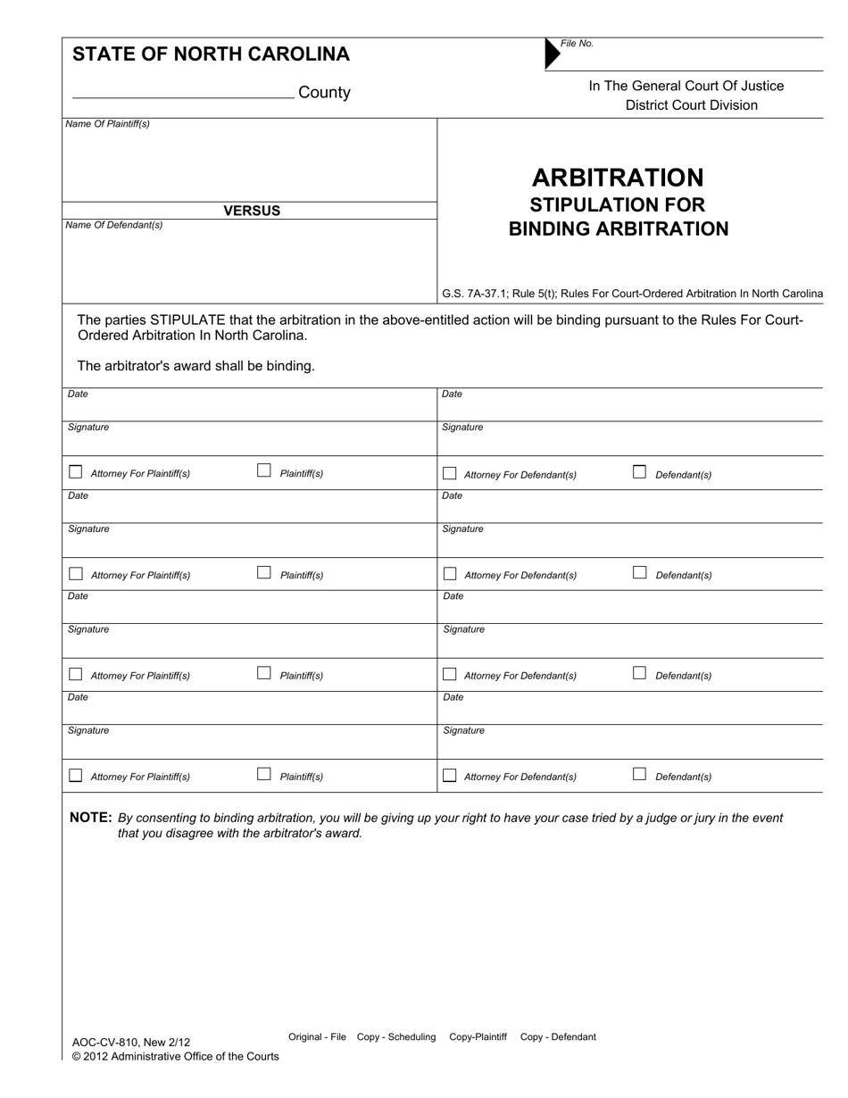 Form AOC-CV-810 Arbitration - Stipulation for Binding Arbitration - North Carolina, Page 1