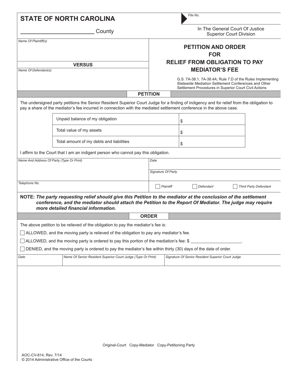 Form AOC-CV-814 Petition and Order for Relief From Obligation to Pay Mediators Fee - North Carolina, Page 1