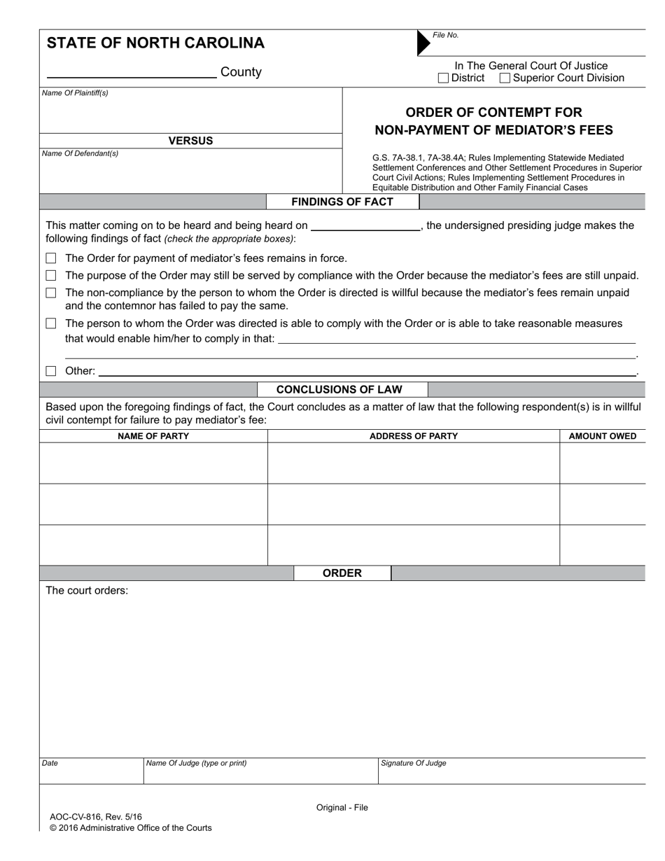 Form AOC-CV-816 Order of Contempt for Non-payment of Mediators Fees - North Carolina, Page 1
