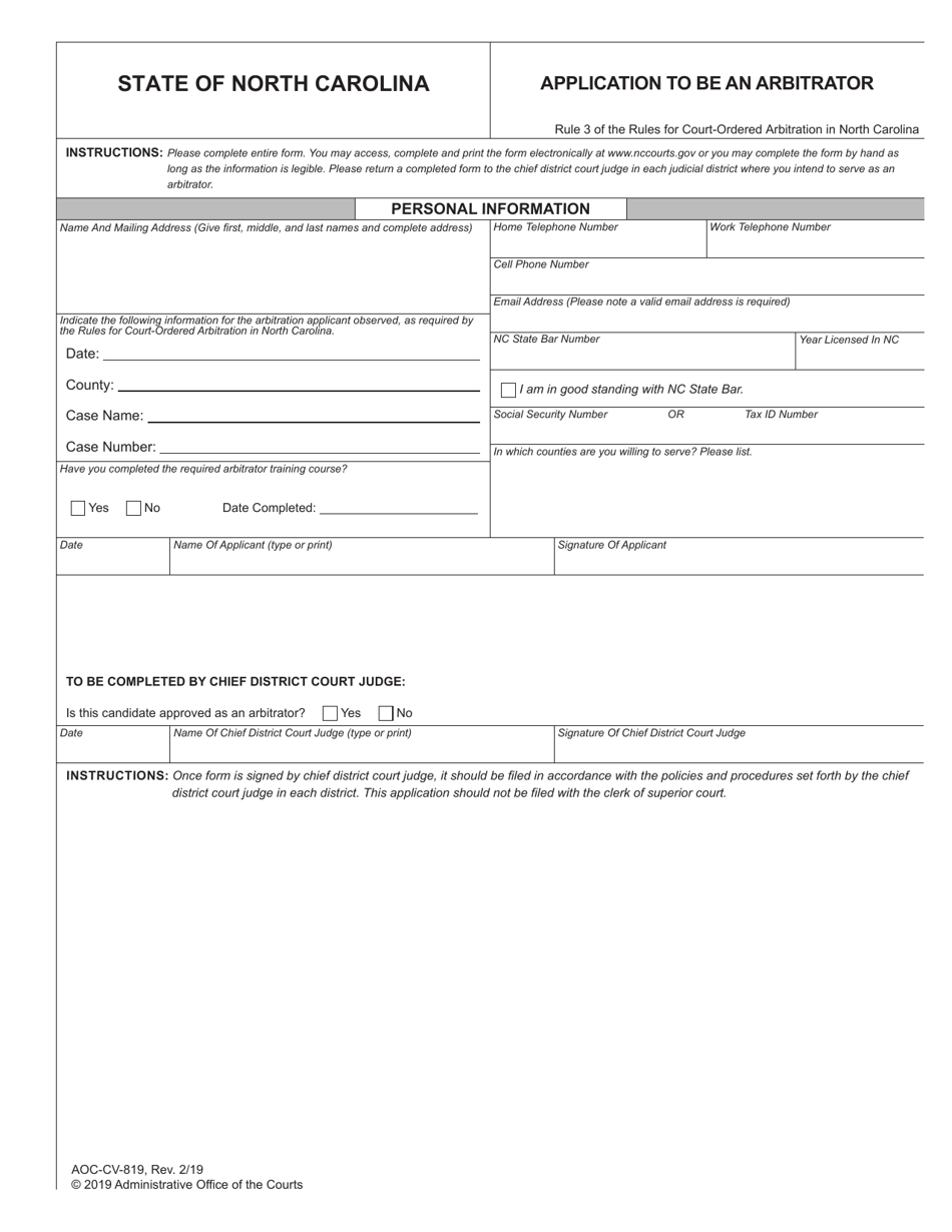 Form AOC-CV-819 Application to Be an Arbitrator - North Carolina, Page 1