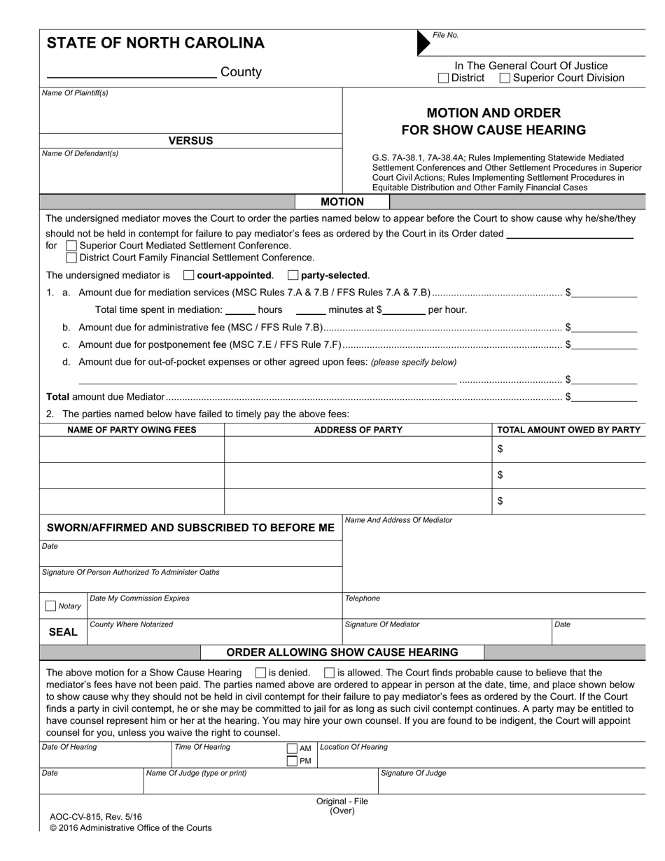 Form AOC-CV-815 Motion and Order for Show Cause Hearing - North Carolina, Page 1