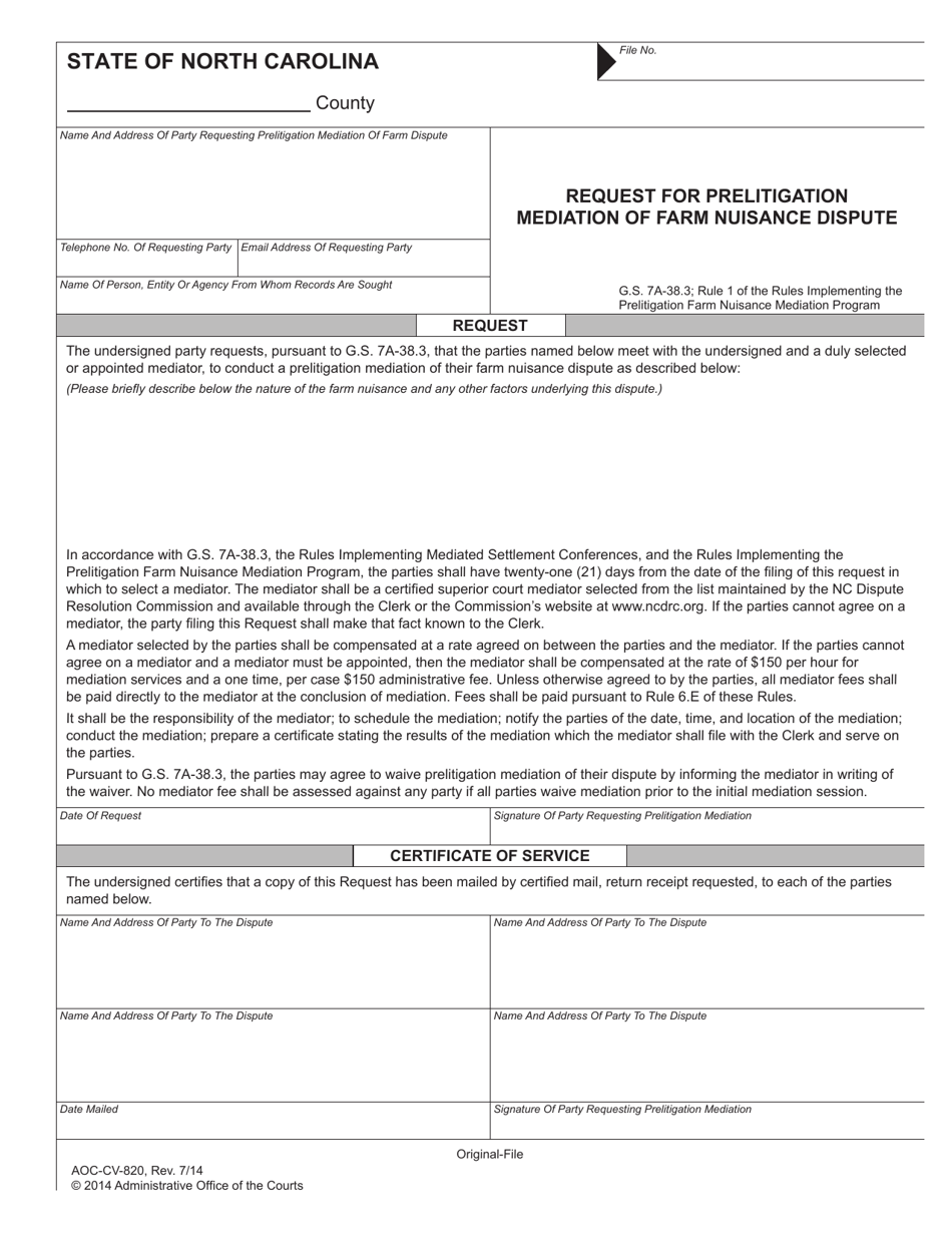 Form AOC-CV-820 Request for Prelitigation Mediation of Farm Nuisance Dispute - North Carolina, Page 1