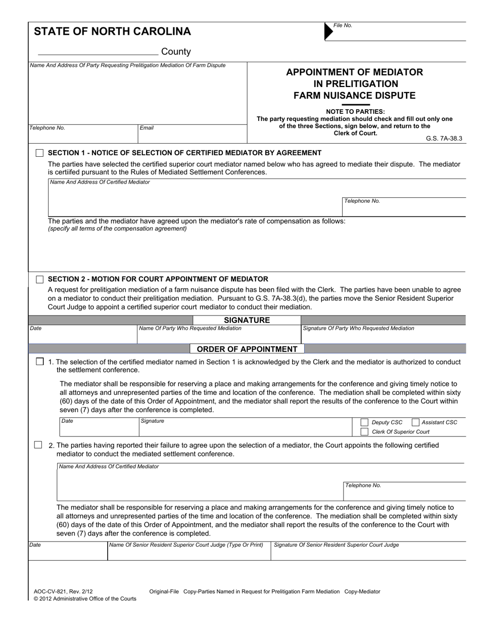 Form AOC-CV-821 Appointment of Mediator in Prelitigation Farm Nuisance Dispute - North Carolina, Page 1