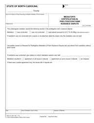 Document preview: Form AOC-CV-823 Mediator's Certification in Prelitigation Farm Nuisance Dispute - North Carolina