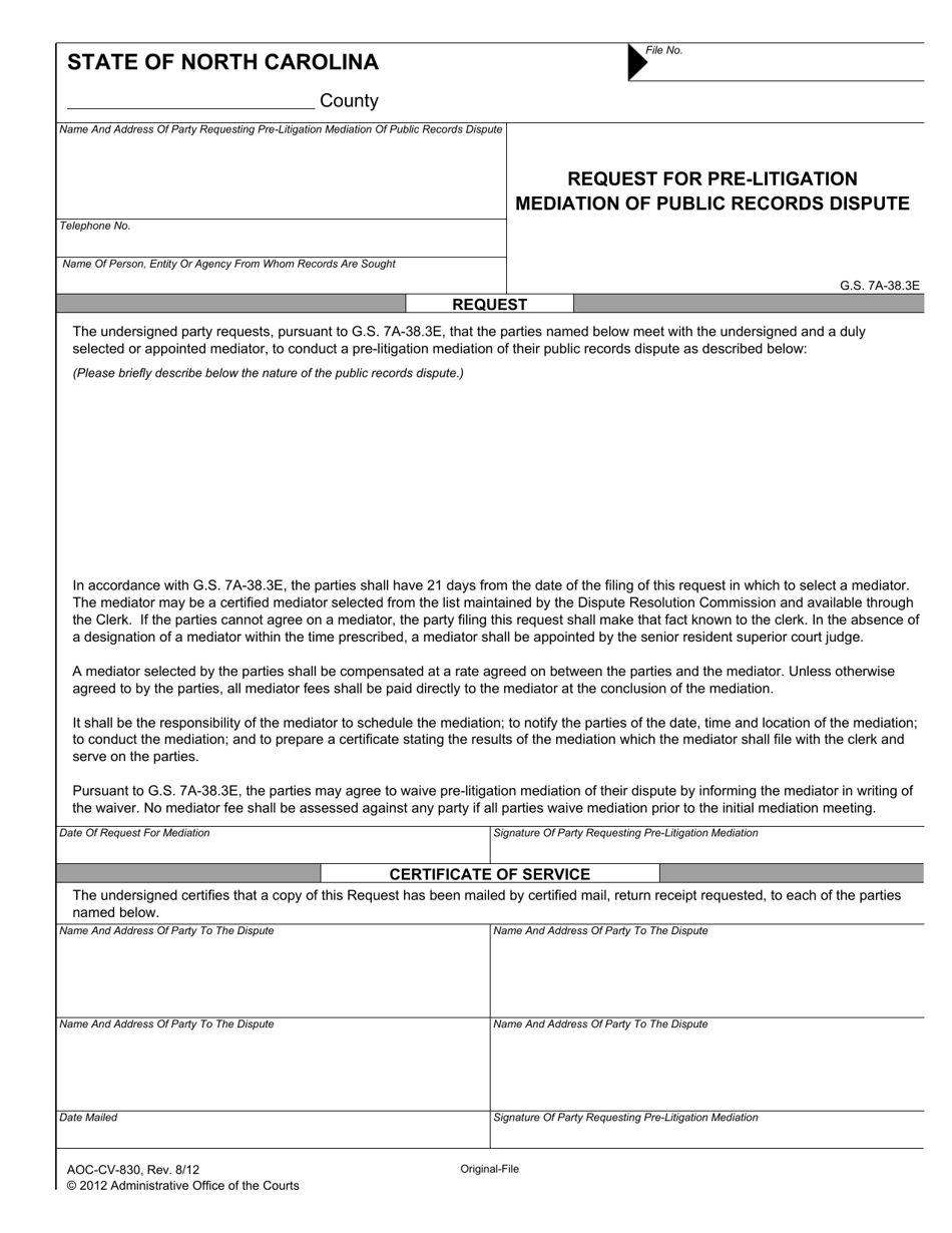 Form AOC-CV-830 Request for Pre-litigation - Mediation of Public Records Dispute - North Carolina, Page 1