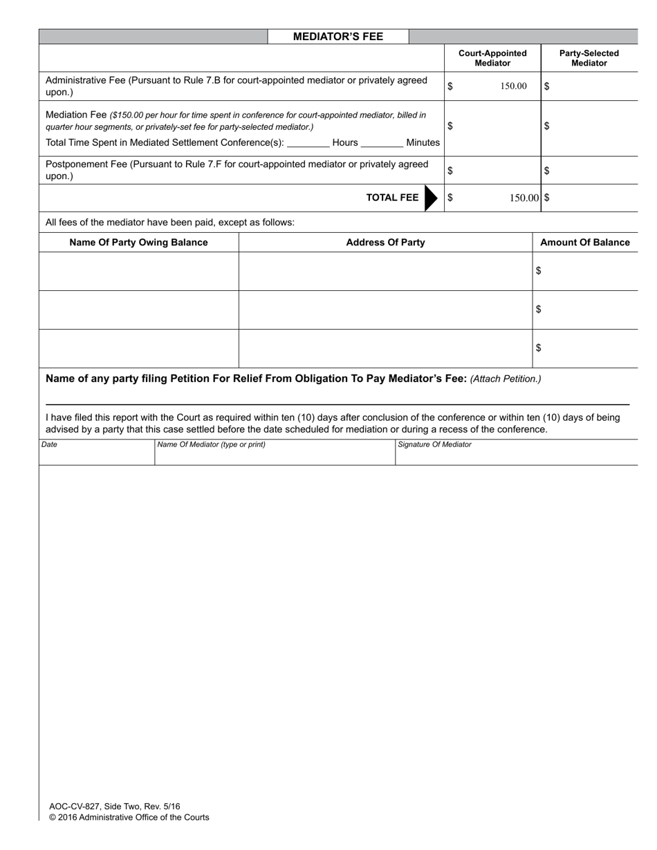 Form AOC-CV-827 Report of Mediator in Family Financial Case - North Carolina, Page 2