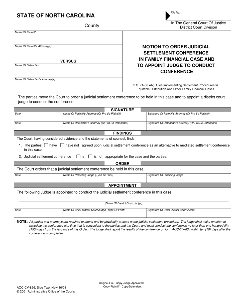 Form AOC-CV-826 Motion for an Order to Use Settlement Procedure Other Than Mediated Settlement Conference or Judicial Settlement Conference in Family Financial Case - North Carolina, Page 2