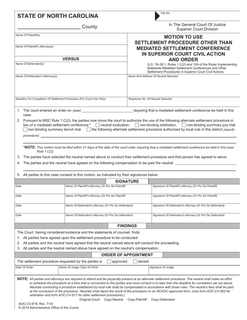 Form AOC-CV-818  Printable Pdf