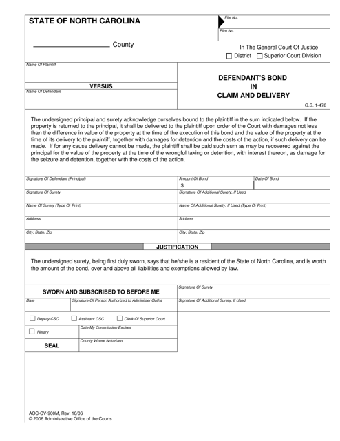 Form AOC-CV-900M Defendant's Bond in Claim and Delivery - North Carolina