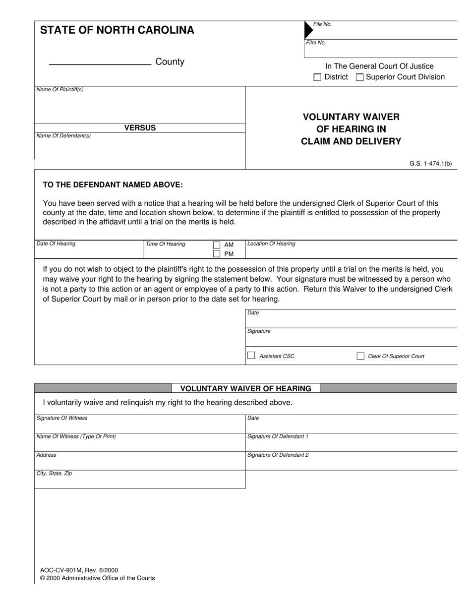 Form AOC-CV-901M Voluntary Waiver of Hearing in Claim and Delivery - North Carolina, Page 1