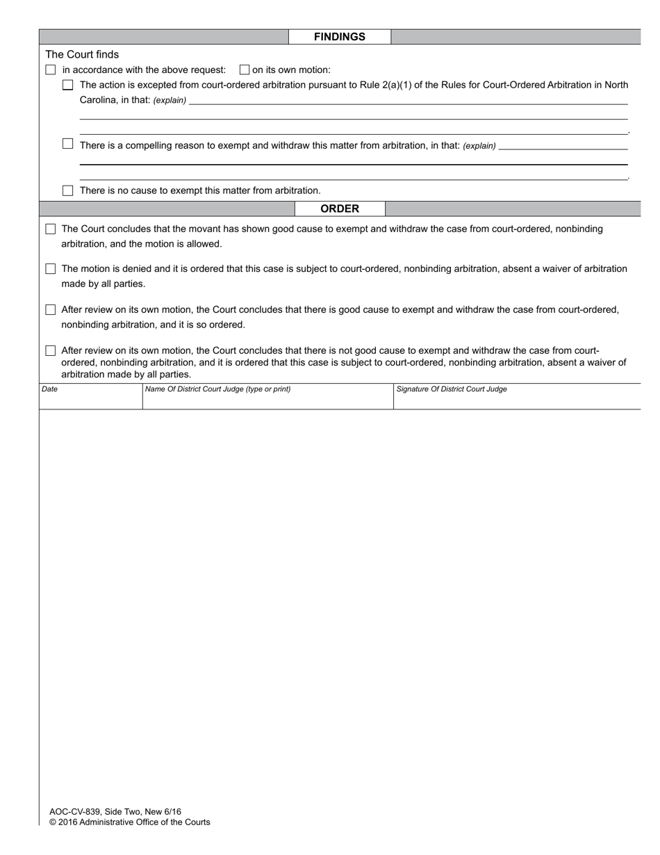 Form AOC-CV-839 Motion and Order to Exempt Case From Court-Ordered, Nonbinding Arbitration - North Carolina, Page 2