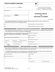 Document preview: Form AOC-CV-902M Defendant's Motion to Discharge Attachment - North Carolina