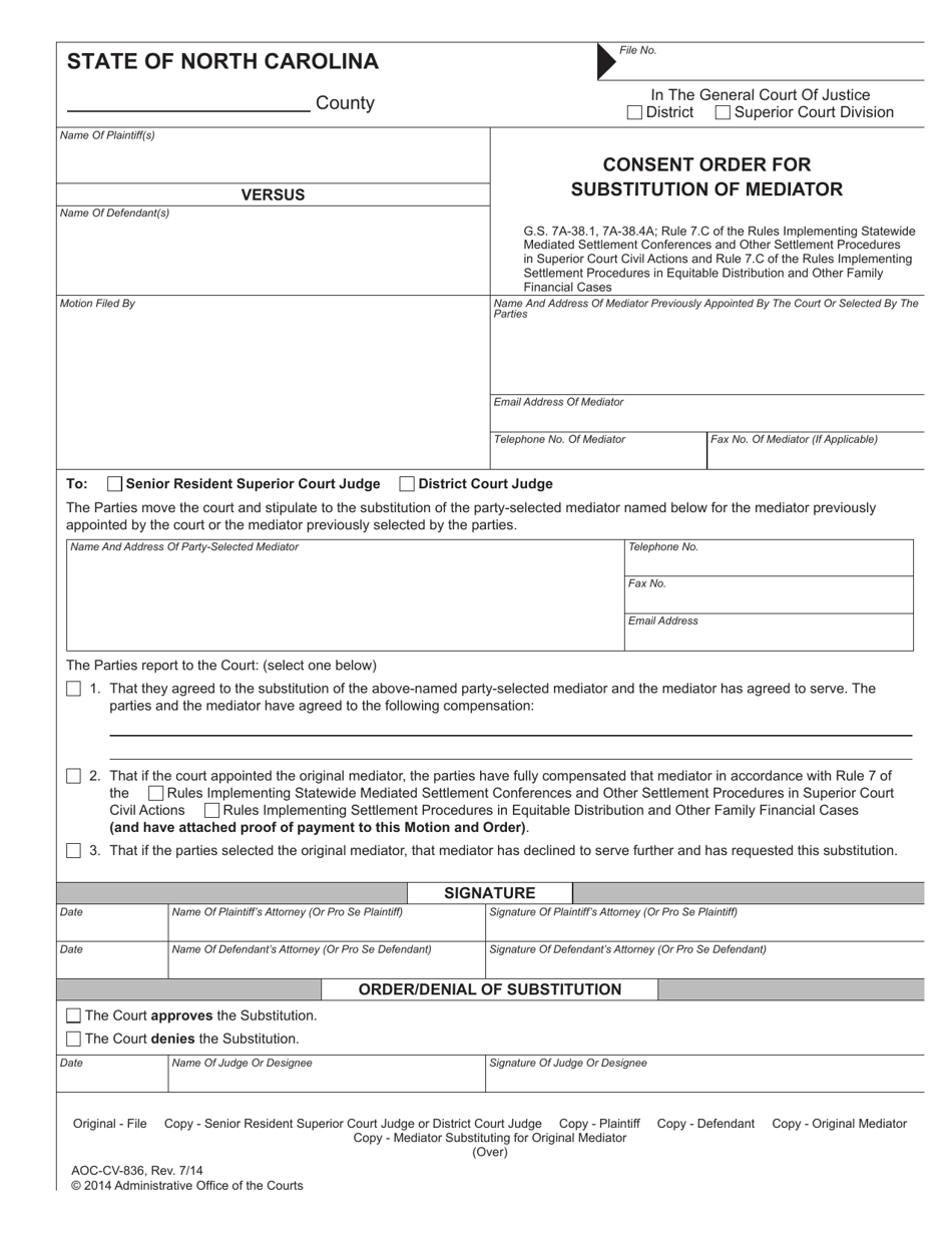 Form AOC-CV-836 Consent Order for Substitution of Mediator - North Carolina, Page 1