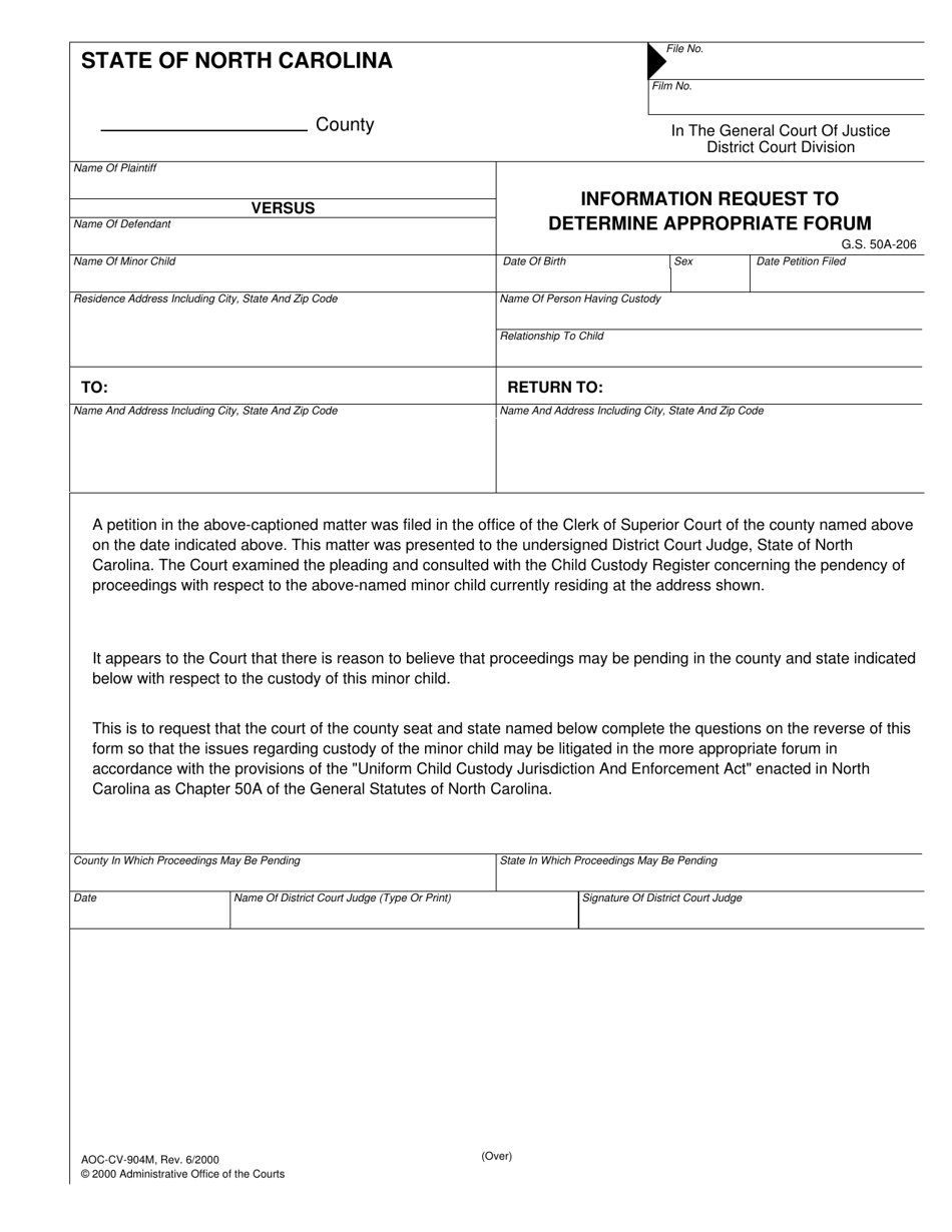 Form AOC-CV-904M Information Request to Determine Appropriate Forum - North Carolina, Page 1