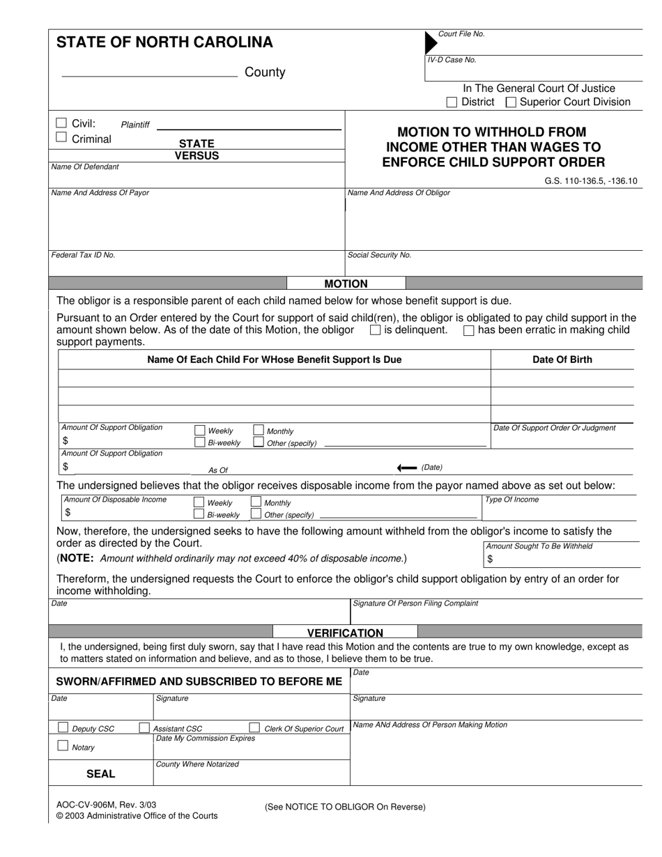 Form AOC-CV-906M Motion to Withhold From Income Other Than Wages to Enforce Child Support Order - North Carolina, Page 1