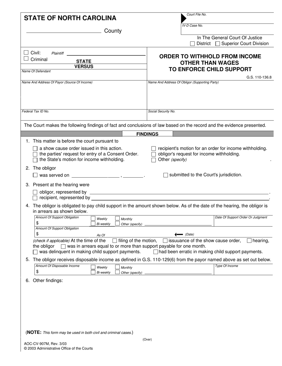 Form AOC-CV-907M Order to Withhold From Income Other Than Wages to Enforce Child Support - North Carolina, Page 1