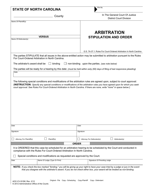 Form AOC-CV-912M Arbitration - Stipulation and Order - North Carolina